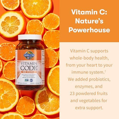 Garden of Life Vitamin Code Raw Vitamin C - 120 Capsules, 500mg Whole Food Vitamin C Capsules + Fruit & Veggie Blend & Probiotics, Supplements for Adults, Vegan, Gluten Free