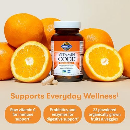 Garden of Life Vitamin Code Raw Vitamin C - 120 Capsules, 500mg Whole Food Vitamin C Capsules + Fruit & Veggie Blend & Probiotics, Supplements for Adults, Vegan, Gluten Free