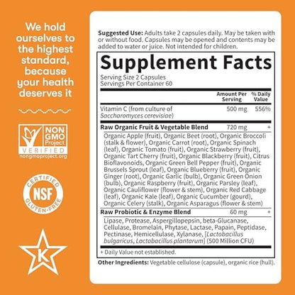 Garden of Life Vitamin Code Raw Vitamin C - 120 Capsules, 500mg Whole Food Vitamin C Capsules + Fruit & Veggie Blend & Probiotics, Supplements for Adults, Vegan, Gluten Free