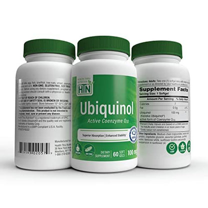 Health Thru Nutrition Ubiquinol 100mg 60 Softgels as Kaneka QH Reduced CoQ-10 | Stabilized - 3rd Party Tested | Enhanced Bioavailability | Cardiovascular & Mitochondria Function Support | Non-GMO