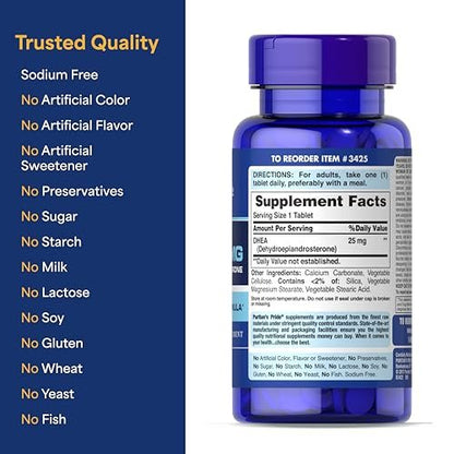Puritan's Pride Youth Guard™ DHEA for Women and Men 25mg, Dietary Supplement for Healthy Aging, 250 Tablets