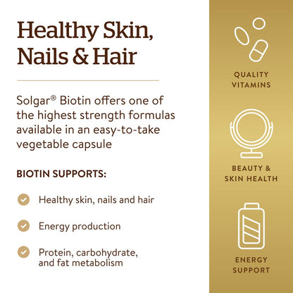 Solgar Biotin 10000 mcg Vegetable Capsules - Super High Potency, Non-GMO, Vegan, Gluten Free, Dairy Free, Kosher - Promotes Healthy Skin, Nails, Hair & Energy Metabolism - 120 Count