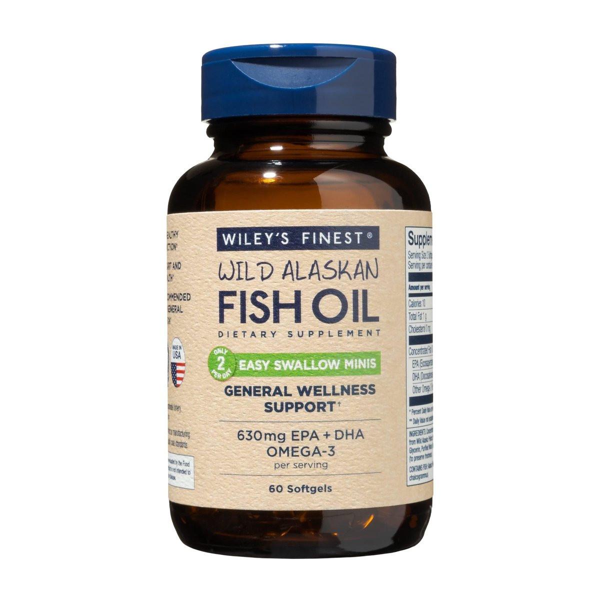 Wiley's Finest Wild Alaskan Fish Oil Easy Swallow Minis - Omega-3 Fish Oil Supplement for Adults and Kids - Double-Strength 630mg EPA and DHA Natural Supplement - 60 Mini Softgels (30 Servings) - görsel 1