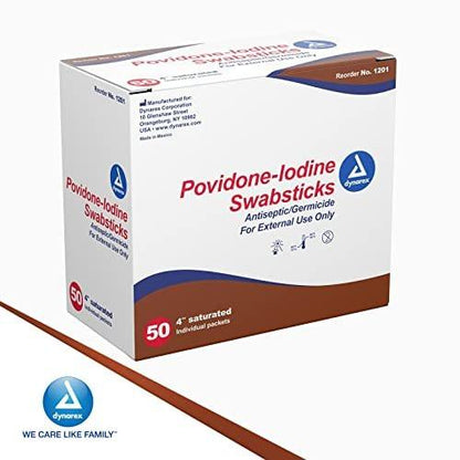 Dynarex Povidone Iodine Swabsticks, 50 Count - Antiseptic Swabsticks for Skin Preparation, Individually Wrapped in Foil Pack, Brown