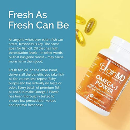 BRAINMD Dr. Amen Omega-3 Power - 60 Capsules - Joint & Immune Support Supplement - Contains DHA & EPA - Gluten Free - 30 Servings