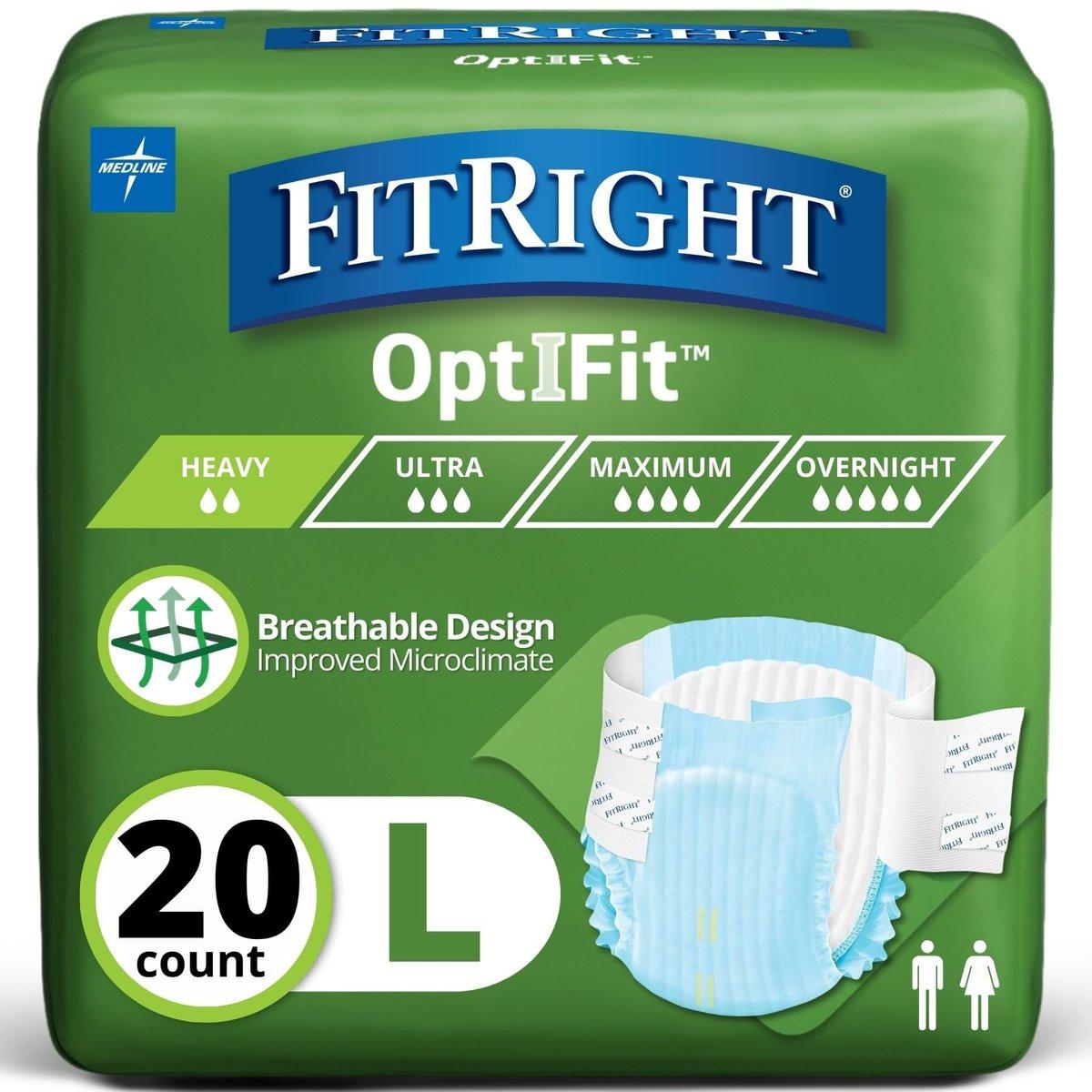 FitRight Adult Diapers, Extra Heavy Absorbency, L (Waist Size 44in-56in), 20 Count, OptiFit Incontinence Briefs for Men and Women, Disposable, Moisture Wicking, Leak Protection - görsel 1