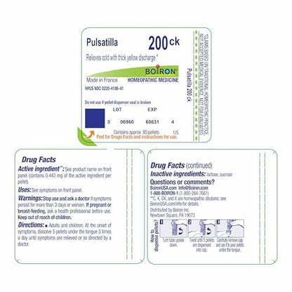 Boiron Pulsatilla 200ck Homeopathic Medicine for Cold with Thick, Yellow Discharge - Pack of 3 (240 Pellets)