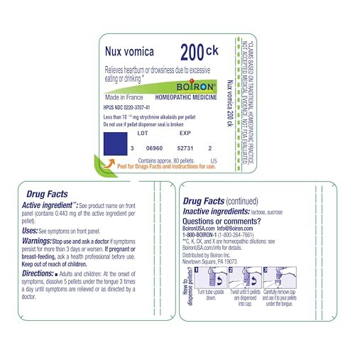 Boiron Nux Vomica 200Ck for Heartburn or Drowsiness Due to Excessive Eating or Drinking - 80 Pellets - görsel 1
