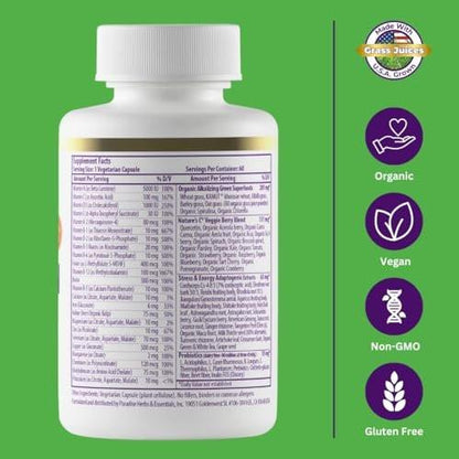 Paradise Herbs Earth's Blend Once Daily Multivitamin with Iron, 48 Organic Superfoods, Probiotics, Antioxidants, Vitamins A, B12, C, D, K2, 60 Capsules