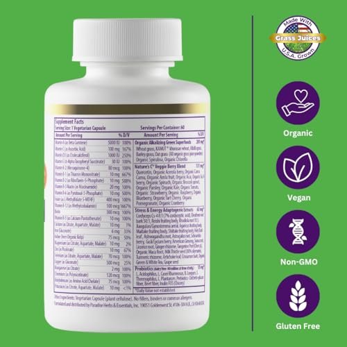 Paradise Herbs Earth's Blend Once Daily Multivitamin with Iron, 48 Organic Superfoods, Probiotics, Antioxidants, Vitamins A, B12, C, D, K2, 120 Capsules - görsel 6