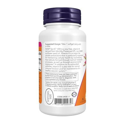 NOW Foods Sun-E™ 400 IU Vitamin E with d-alpha Tocopherol from Non-GMO Sunflower Oil, 60 Softgels