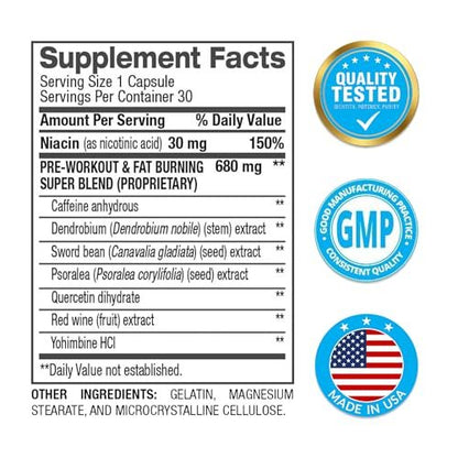 BPI Sports B4 – Extra Strength Natural Fat Burner for Women & Men – Keto-Friendly Fat Burner Capsules, Weight Loss & Appetite Control - Caffeine, Niacin, Quercetin, Yohimbine – 30 Servings – 710mg