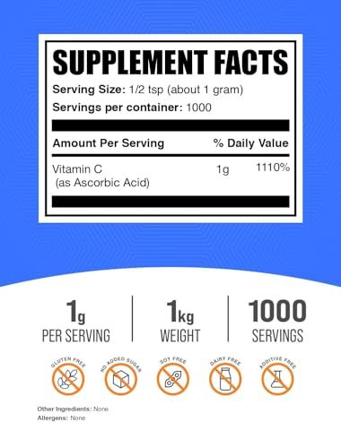 BulkSupplements Ascorbic Acid Powder - Vitamin C Supplement, Immune Support, Food Grade, Gluten Free, 1g per Serving, 1kg (2.2 lbs)
