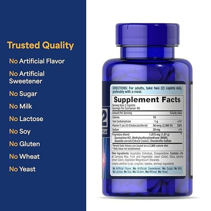 Puritan's Pride Advanced Glucosamine Chondroitin MSM With Vitamin D3 50mcg (2000 IU), Dietary Supplement for Joint Health, 80 Coated Tablets