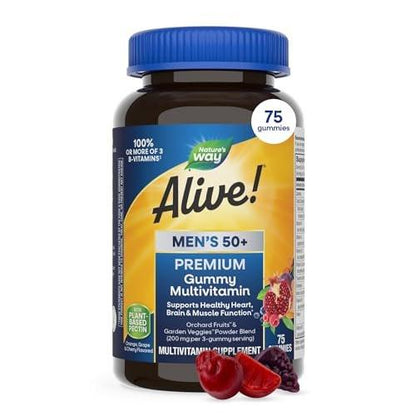 Nature's Way Alive! Men’s 50 Plus Premium Gummy Multivitamin, Supports Healthy Heart, Brain & Muscle Function with High Potency B-Vitamins, Vitamin A, C, D3, & Selenium*, Fruit Flavored, 75 Gummies