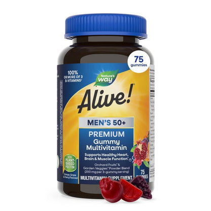 Nature's Way Alive! Men’s 50 Plus Premium Gummy Multivitamin, Supports Healthy Heart, Brain & Muscle Function with High Potency B-Vitamins, Vitamin A, C, D3, & Selenium*, Fruit Flavored, 75 Gummies