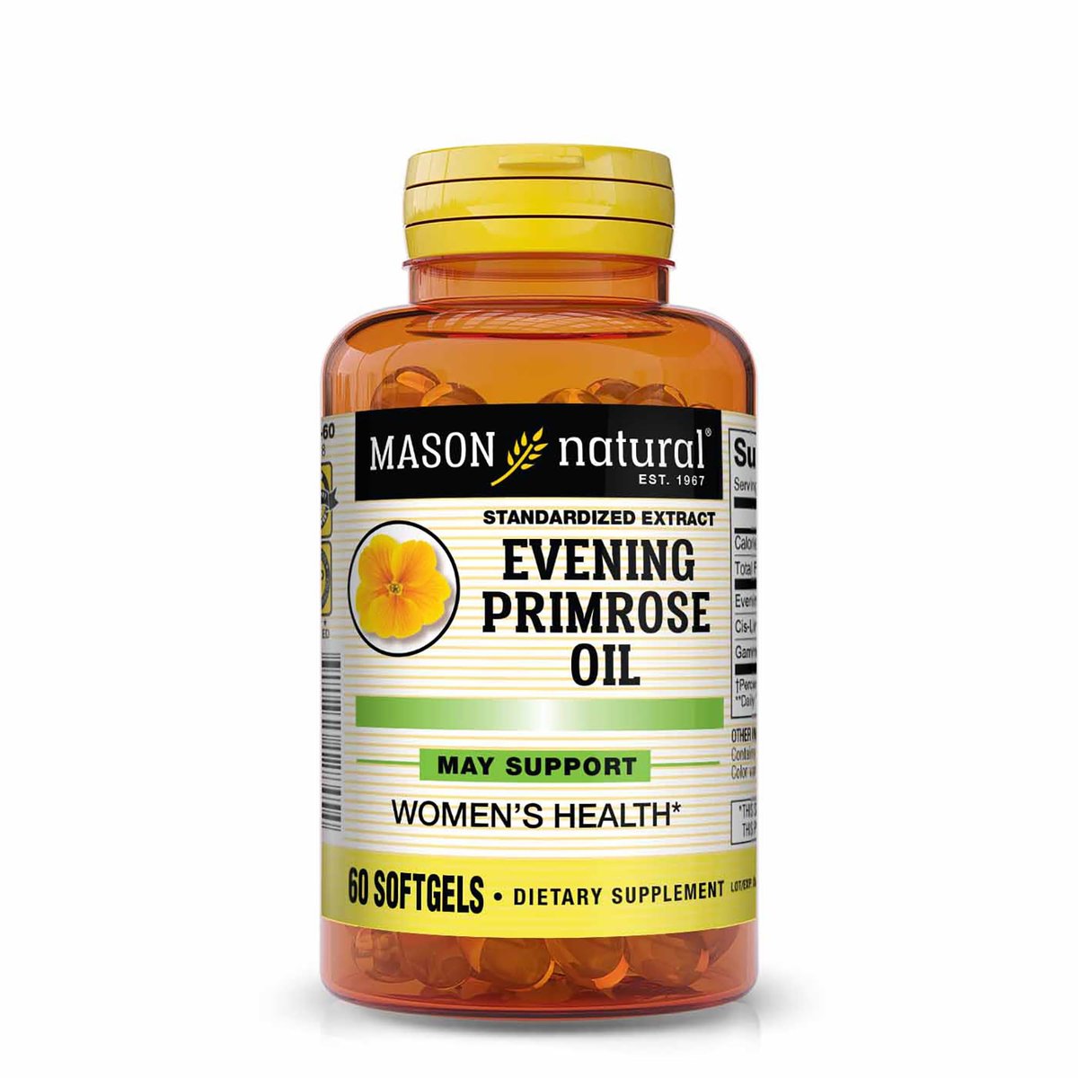 MASON NATURAL Evening Primrose Oil 1000 mg, Hormonal Balance & Skin Support for Women, Rich in Omega-6 GLA & LA, PMS & Menopause Relief Supplement, 60 Softgels - görsel 1