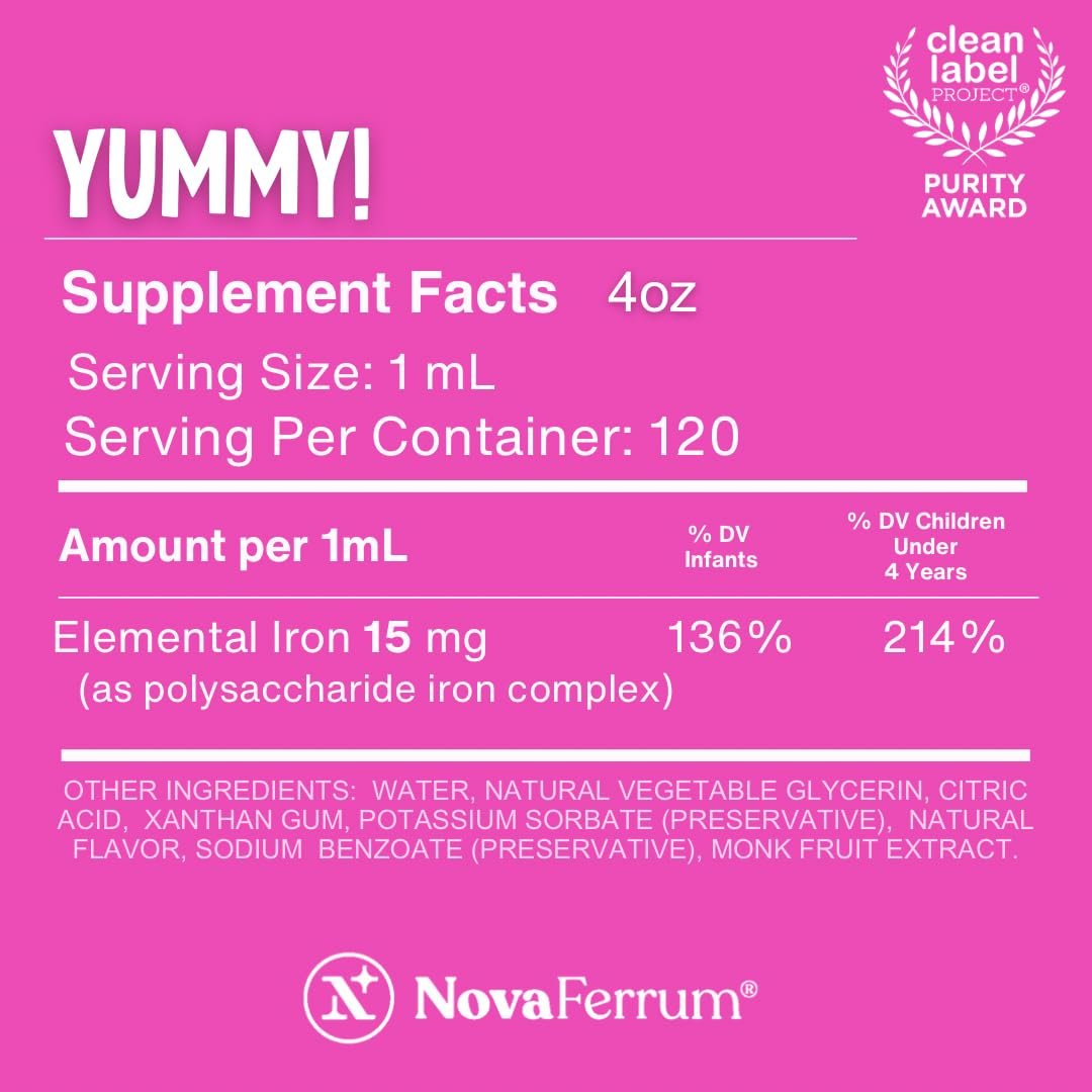 NovaFerrum Yummy | Pediatric Drops Liquid Iron Supplement for Infants and Toddlers | Liquid Iron for Kids | 15mg of Iron Per 1mL Dose | Ages 4 & Under | Gluten Free Certified | Sugar-Free | Raspberry - görsel 5