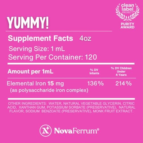 NovaFerrum Yummy | Pediatric Drops Liquid Iron Supplement for Infants and Toddlers | Liquid Iron for Kids | 15mg of Iron Per 1mL Dose | Ages 4 & Under | Gluten Free Certified | Sugar-Free | Raspberry - görsel 6