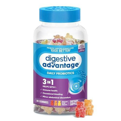 Digestive Advantage Probiotics For Digestive Health, Probiotic Gummies & Vit D, Daily Probiotics For Women & Men Occasional Bloating, Minor Abdominal Discomfort & Gut Health, 80ct Natural Fruit Flavors