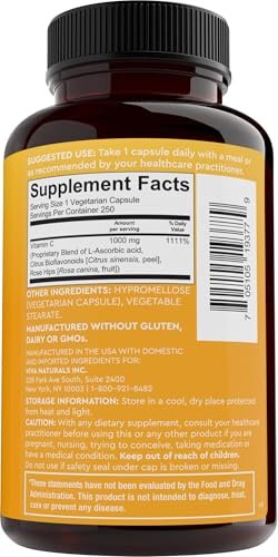 Viva Naturals Vitamin C, 1000 mg, 250 Vegetarian Capsules – with Citrus Bioflavonoids & Rose HIPS, Non-GMO for Immune Support & Antioxidant Protection - görsel 5