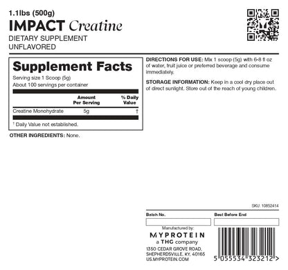 Myprotein Creatine Monohydrate Powder, 100 Servings (1.1lbs), Pure Unflavored Creatine Powder, Post/Pre Workout Supplement for All Sports & Exercises
