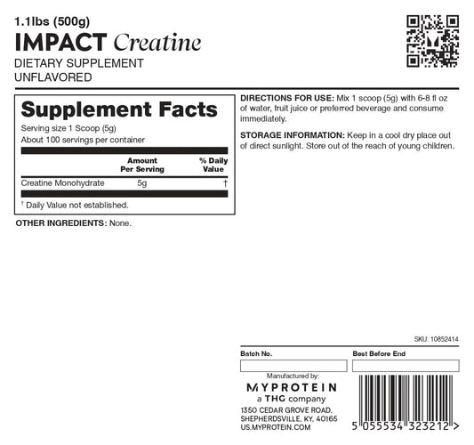 Myprotein Creatine Monohydrate Powder, 100 Servings (1.1lbs), Pure Unflavored Creatine Powder, Post/Pre Workout Supplement for All Sports & Exercises
