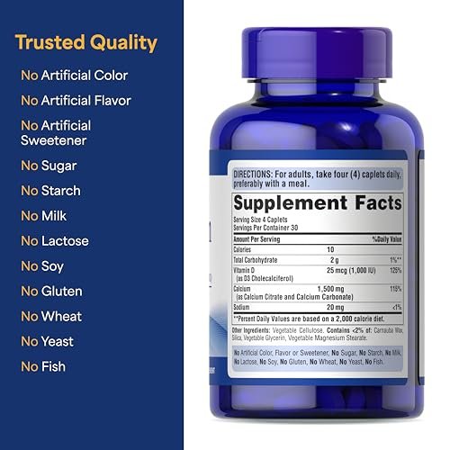 Puritan's Pride Absorbable Calcium 1500 mg Plus Vitamin D3 25mcg 1000 IU, Dietary Supplement for Bone Strength, Heart, Nerve, Muscle, and Immune Support, 120 Coated Caplets - görsel 11