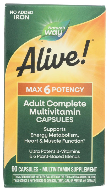 Nature's Way Alive! Max6 Potency Adult Complete Multivitamin with No Iron Added, Antioxidant Vitamins A, C, E, B-Vitamins Including Methylated B12 & Folate, Energy Metabolism Support, 90 Capsules