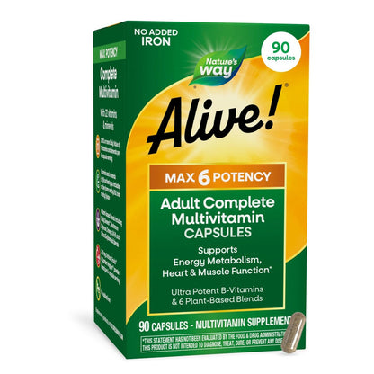 Nature's Way Alive! Max6 Potency Adult Complete Multivitamin with No Iron Added, Antioxidant Vitamins A, C, E, B-Vitamins Including Methylated B12 & Folate, Energy Metabolism Support, 90 Capsules