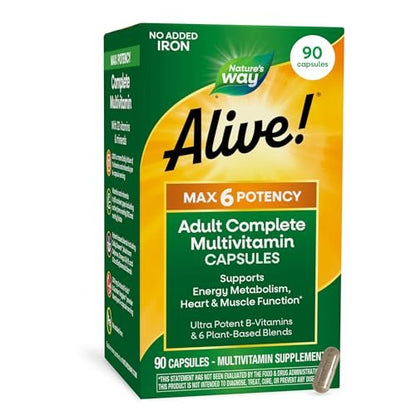 Nature's Way Alive! Max6 Potency Adult Complete Multivitamin with No Iron Added, Antioxidant Vitamins A, C, E, B-Vitamins Including Methylated B12 & Folate, Energy Metabolism Support, 90 Capsules