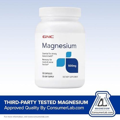 GNC Magnesium 500mg, 120 Capsules - Supports Calcium Absorption & Strong Bones and Teeth