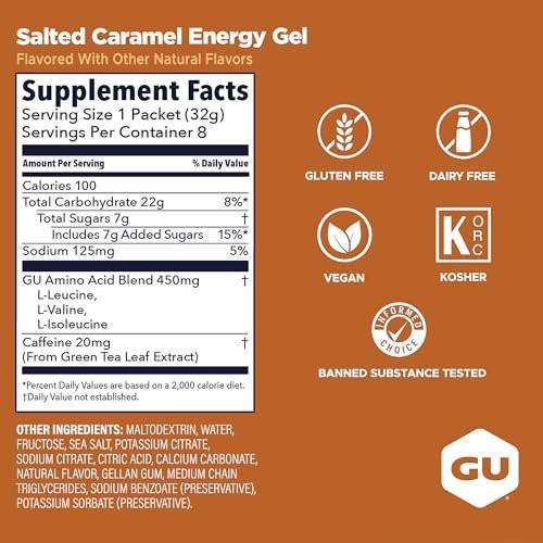 GU Energy Original Sports Nutrition Energy Gel, Vegan and Dairy-Free On-the-Go Energy for Any Workout, Salted Caramel, 8-Count - görsel 1