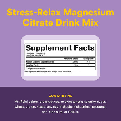 Stress-Relax Magnesium Citrate Drink Mix by Natural Factors, Restores Normal Levels of Magnesium & Balances Calcium Intake, Non-GMO, Tropical Flavor, 8.8 oz (75 servings)
