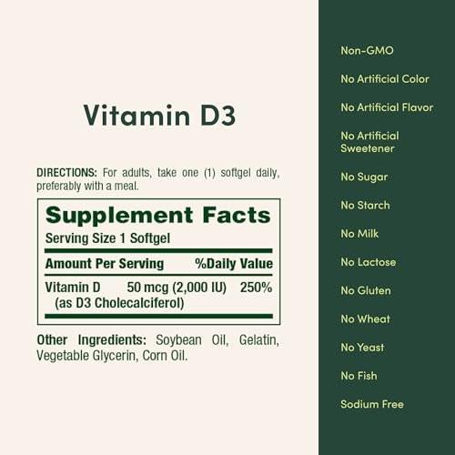 Nature's Bounty Vitamin D3 2000 IU | Supports Immune Health, Calcium Absorption & Bone Strength | Essential for Healthy Bones | Non-GMO, No-Gluten | 350 Softgels, 1 Serving Per Day for Daily Health - görsel 8