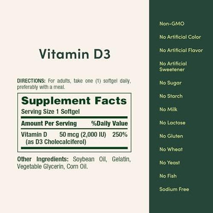 Nature's Bounty Vitamin D3 2000 IU | Supports Immune Health, Calcium Absorption & Bone Strength | Essential for Healthy Bones | Non-GMO, No-Gluten | 350 Softgels, 1 Serving Per Day for Daily Health