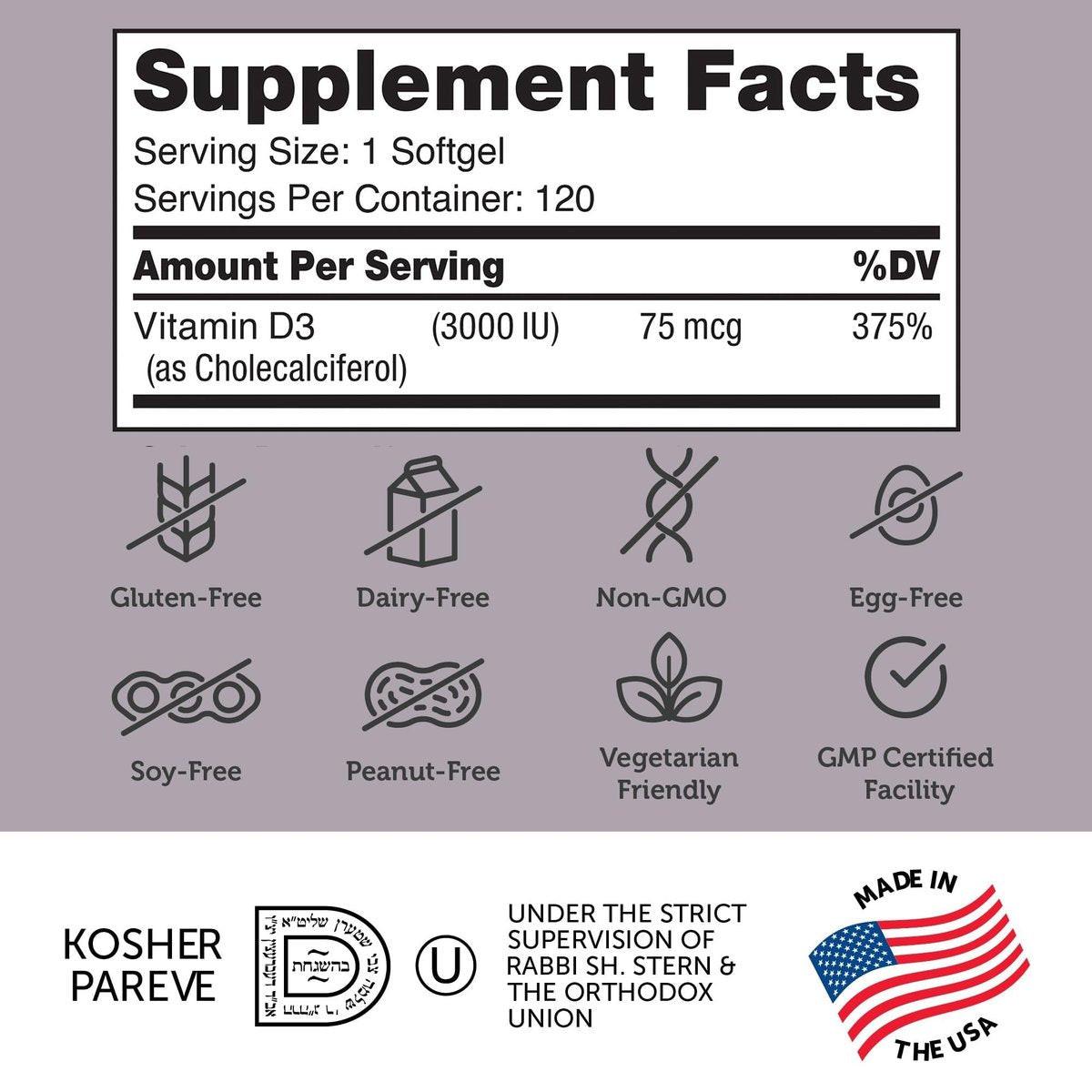 Zahler - Advanced Vitamin D3 3000 IU Softgels (120 Count) Kosher Vegetarian Friendly Vitamin D for Immune Support, Bone, Teeth & Muscle Health - Daily D3 Vitamin Supplement for Adults - Easy Swallow - görsel 3