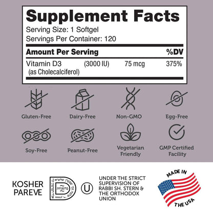 Zahler - Advanced Vitamin D3 3000 IU Softgels (120 Count) Kosher Vegetarian Friendly Vitamin D for Immune Support, Bone, Teeth & Muscle Health - Daily D3 Vitamin Supplement for Adults - Easy Swallow