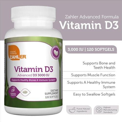Zahler - Advanced Vitamin D3 3000 IU Softgels (120 Count) Kosher Vegetarian Friendly Vitamin D for Immune Support, Bone, Teeth & Muscle Health - Daily D3 Vitamin Supplement for Adults - Easy Swallow