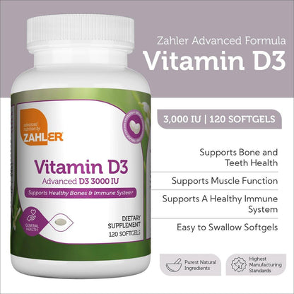 Zahler - Advanced Vitamin D3 3000 IU Softgels (120 Count) Kosher Vegetarian Friendly Vitamin D for Immune Support, Bone, Teeth & Muscle Health - Daily D3 Vitamin Supplement for Adults - Easy Swallow
