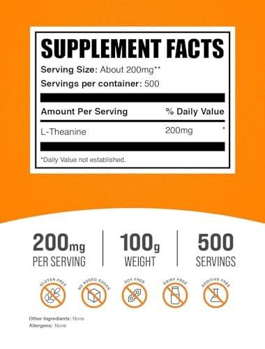 BulkSupplements.com L-Theanine Powder - L-Theanine Supplement, L-Theanine 200mg - Amino Acid Supplement, Pure & Gluten Free, 200mg per Serving, 100g (3.5 oz) (Pack of 1) - görsel 8