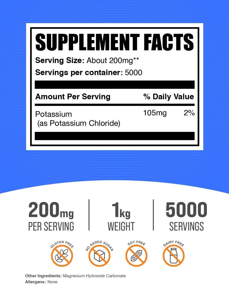 BulkSupplements.com Potassium Chloride Powder - Salt Substitute, Potassium Salt - Gluten Free, 200mg per Serving, 1kg (2.2 lbs) (Pack of 1) - görsel 2
