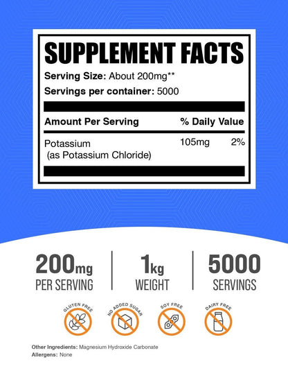 BulkSupplements.com Potassium Chloride Powder - Salt Substitute, Potassium Salt - Gluten Free, 200mg per Serving, 1kg (2.2 lbs) (Pack of 1)