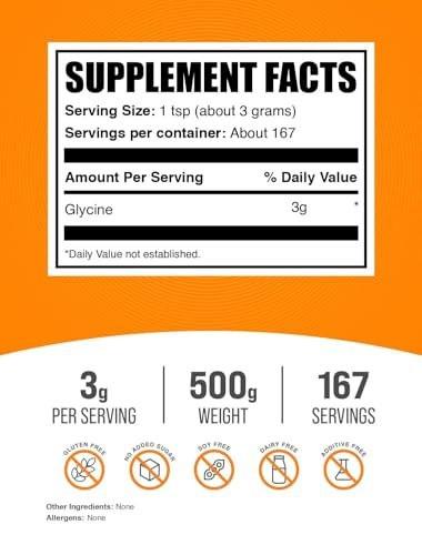 Glycine Powder - Unflavored, Gluten Free, 3g per Serving, 500g (1.1 lbs) - BulkSupplements.com