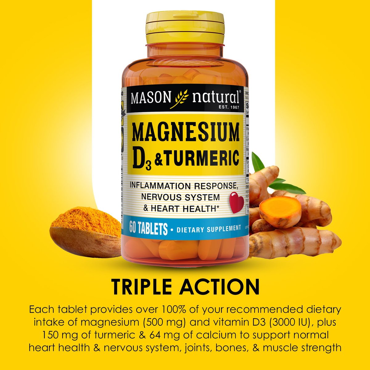 MASON NATURAL Magnesium & Vitamin D3 with Turmeric, 60 Day Supply Dietary Supplement with 500 mg Magnesium, 3000 IU Vitamin D3, and 150 mg Turmeric - görsel 7