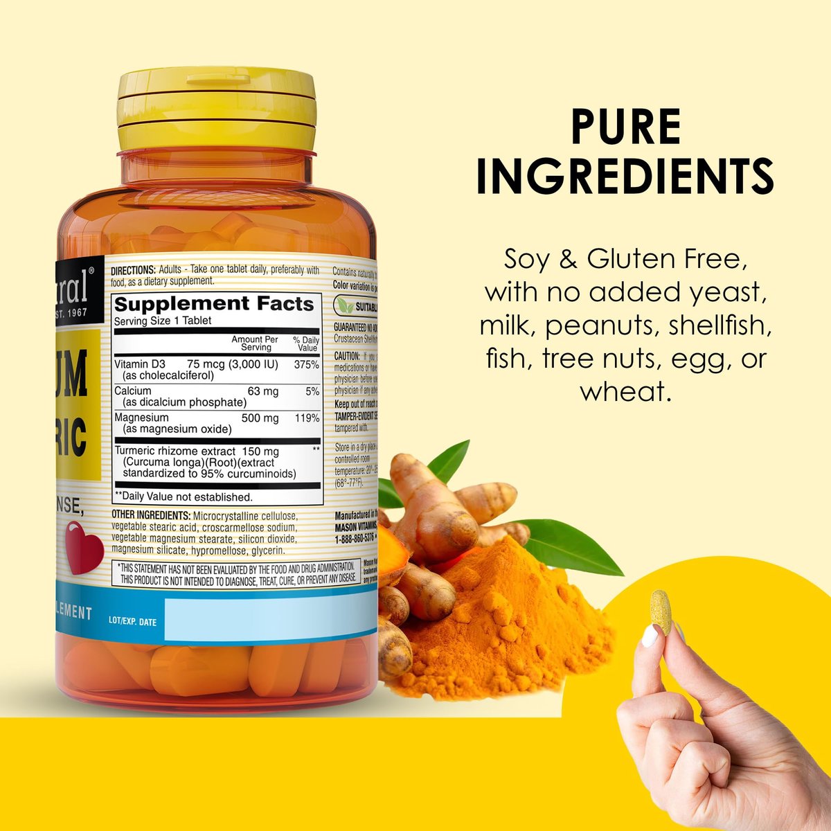 MASON NATURAL Magnesium & Vitamin D3 with Turmeric, 60 Day Supply Dietary Supplement with 500 mg Magnesium, 3000 IU Vitamin D3, and 150 mg Turmeric - görsel 9