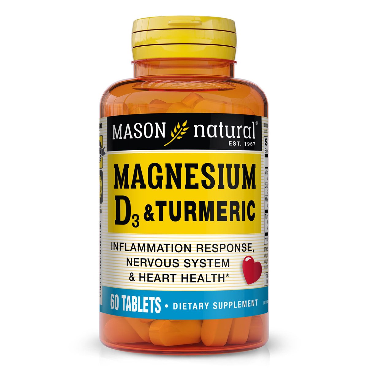 MASON NATURAL Magnesium & Vitamin D3 with Turmeric, 60 Day Supply Dietary Supplement with 500 mg Magnesium, 3000 IU Vitamin D3, and 150 mg Turmeric - görsel 1