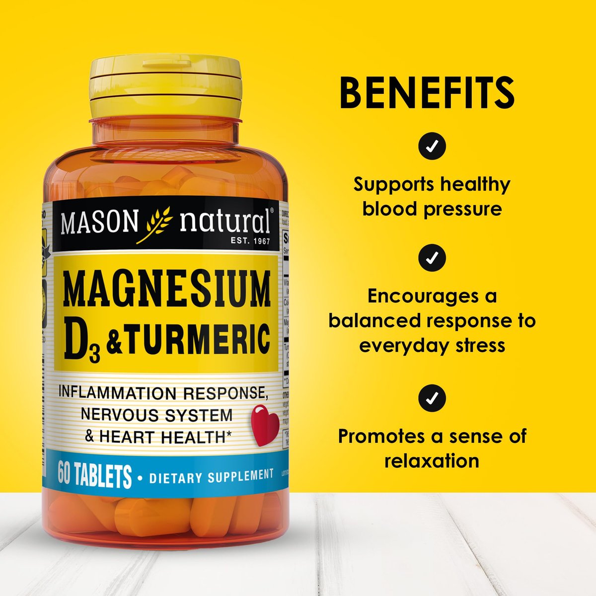 MASON NATURAL Magnesium & Vitamin D3 with Turmeric, 60 Day Supply Dietary Supplement with 500 mg Magnesium, 3000 IU Vitamin D3, and 150 mg Turmeric - görsel 3