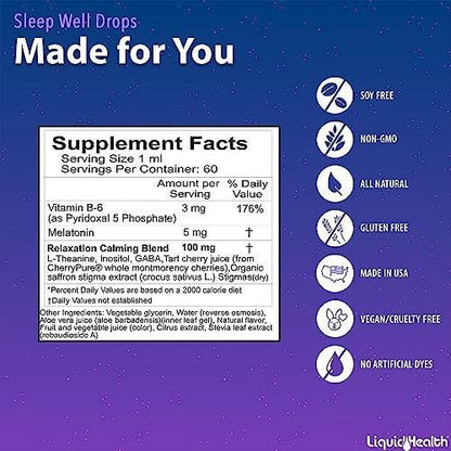 LIQUIDHEALTH Sleep Well Natural Sleep Aid Melatonin Drops - Better Sleep & Mood, Relax & Calm Mind, Fall Asleep Faster Stay Asleep Longer - Made in USA, Vegan, Sugar-Free, Drug Free, Non-GMO (2 oz)