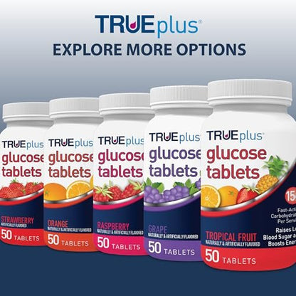TRUEplus Glucose Tablets, Chewable, Orange Flavor, 15g Fast-Acting Carbohydrates, Fat Free, Gluten Free, Boost Energy, 50 Count, 3 Bottles